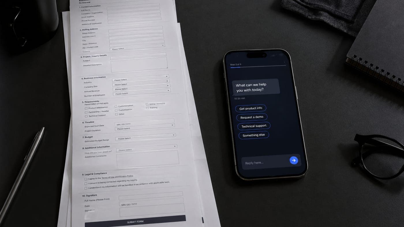 A long printed contact form sitting next to a smartphone running a conversational AI chat assistant with one-tap reply options, contrasting traditional multi-field forms with the conversational flows that now replace them