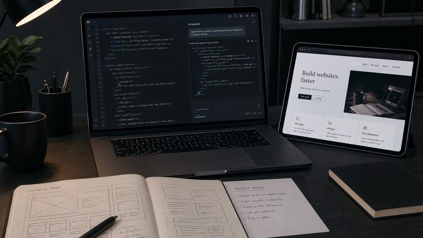 A developer's desk with a laptop running a code editor alongside a Claude AI assistant, while a tablet displays the rendered website the AI is helping build, illustrating how AI coding agents now scaffold whole sites in under an hour