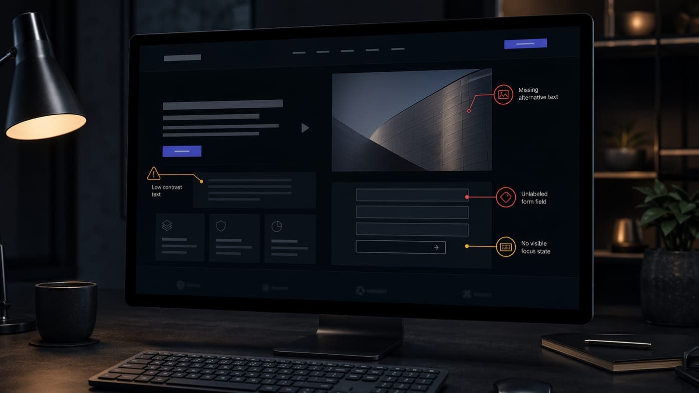 A website accessibility audit dashboard flagging missing alt text, unlabeled form fields, low-contrast text, and missing keyboard focus states on a small business site