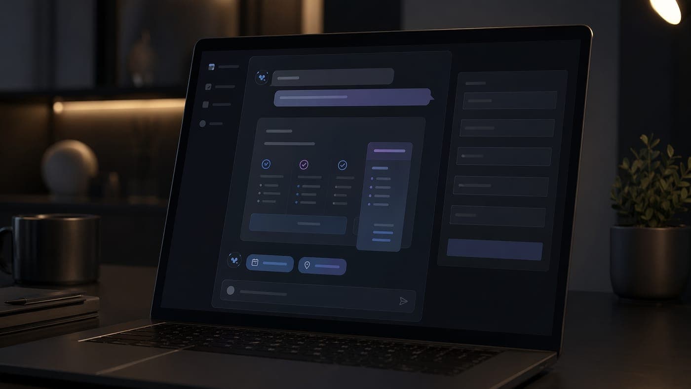 A conversational AI chat assistant built into a service business website, answering a visitor question with quick-reply options instead of forcing a contact form