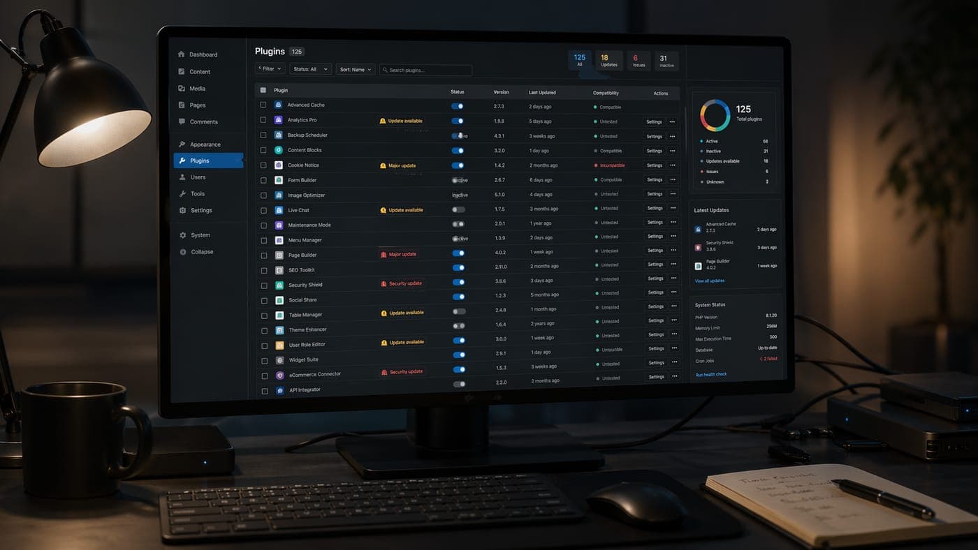 WordPress admin showing dozens of installed plugins with update warnings and abandoned status
