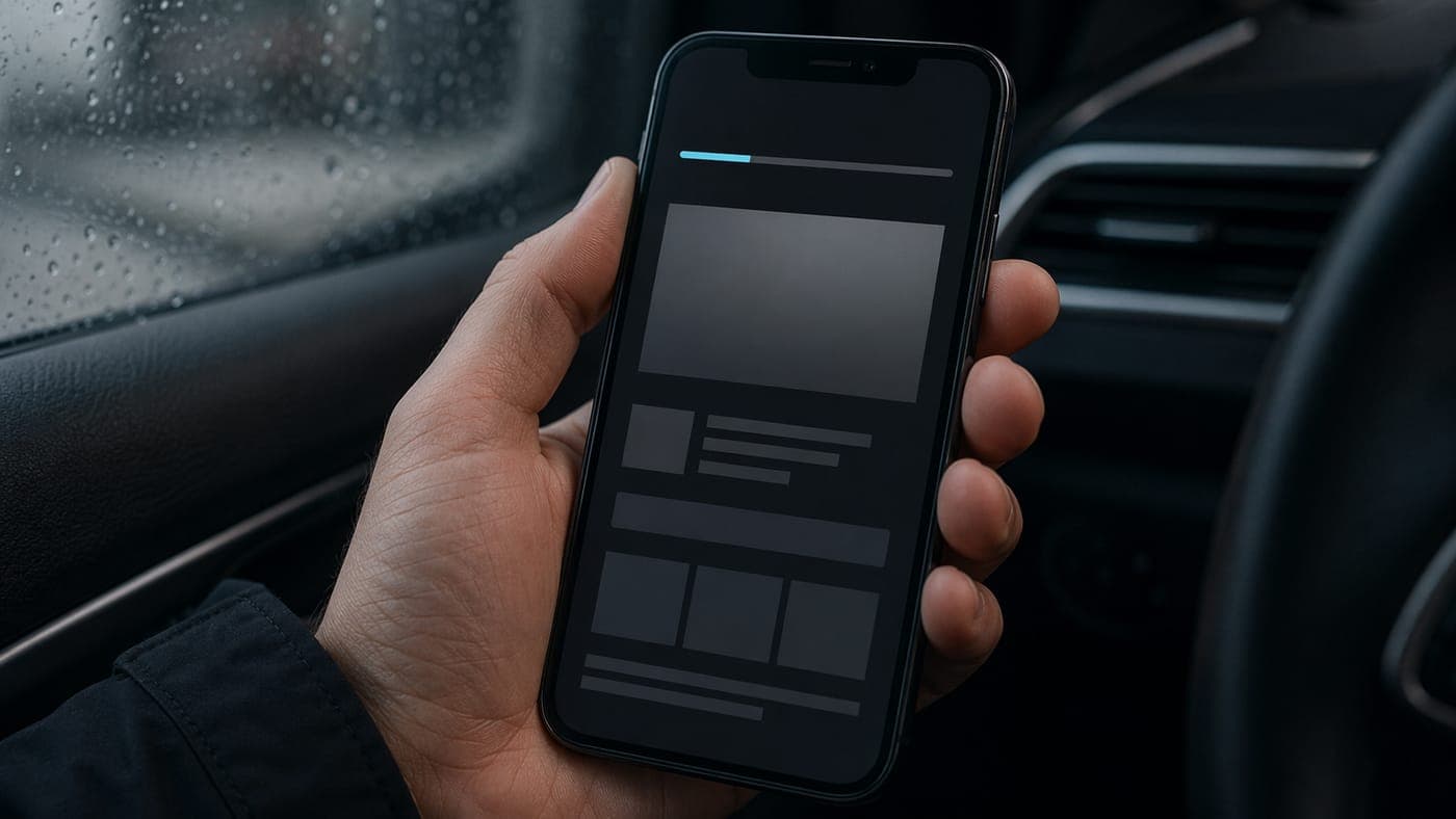 A hand holding a smartphone inside a car with rain on the windshield, waiting for a slow-loading website to finish rendering on a poor mobile signal