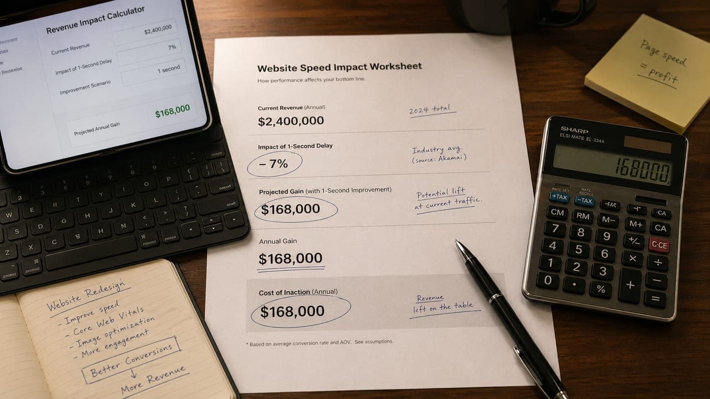 A handwritten website-speed impact worksheet showing annual revenue, the conversion-rate cost of a 1-second delay, and the projected revenue gain from improvement, sitting next to a tablet revenue-impact calculator and a physical desktop calculator