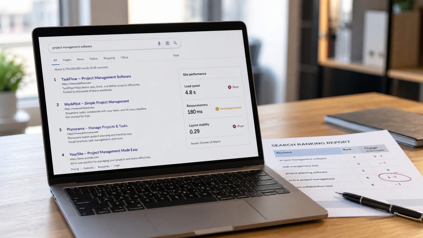 A laptop displaying a Google search results page for a project-management query alongside Core Web Vitals metrics, with a printed search rankings report on the desk, illustrating how site speed feeds Google's ranking systems