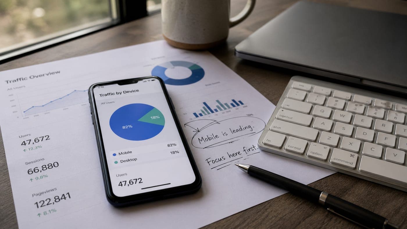 A smartphone displaying a Traffic by Device pie chart with 82 percent mobile share, sitting on a printed traffic overview report with users, sessions, and pageviews next to a handwritten note that reads 'Mobile is leading. Focus here first.'