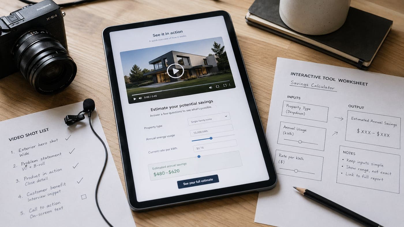 A tablet displaying a website with an embedded product video and a savings calculator tool below it, surrounded by a handwritten interactive tool worksheet, a video shot list with creative checkpoints, a DSLR camera, and a lavalier microphone, illustrating the video and interactive content stack a modern marketing page now needs